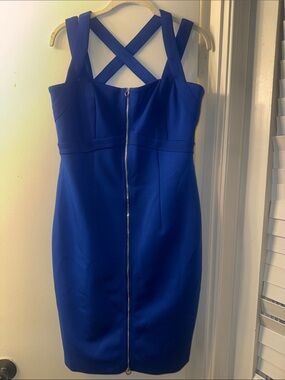 Calvin Klein Royal Blue Strappy Midi Sheath Dress with Front Zip